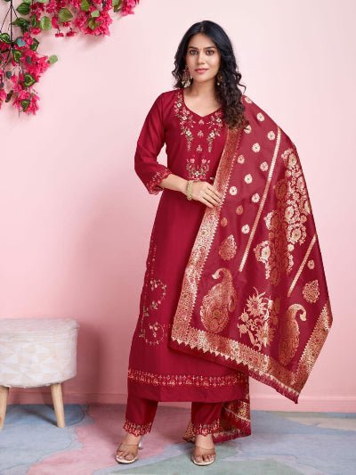 Red Viscous Silk Embroidery Suit Gold Jacquard Dupatta - BONYHUBSALWAR KAMEEZ