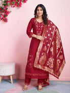 Red Viscous Silk Embroidery Suit Gold Jacquard Dupatta - BONYHUBSALWAR KAMEEZ