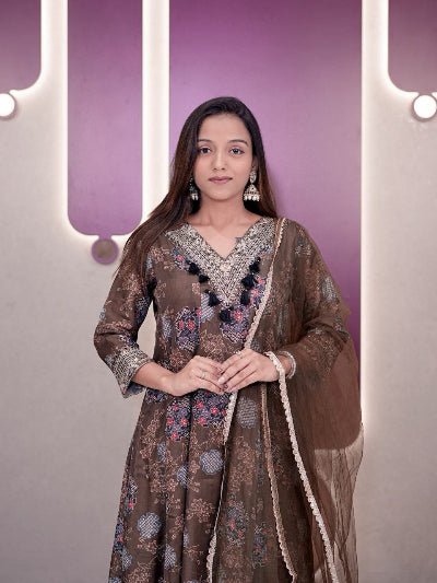 Mehendi Green Modal Silk Ready to Wear Anarkali Set - BONYHUBSALWAR KAMEEZ