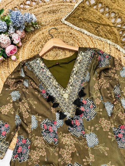 Mehendi Green Modal Silk Ready to Wear Anarkali Set - BONYHUBSALWAR KAMEEZ