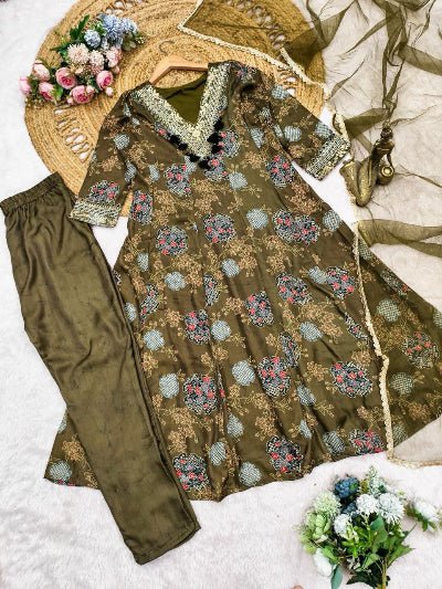 Mehendi Green Modal Silk Ready to Wear Anarkali Set - BONYHUBSALWAR KAMEEZ