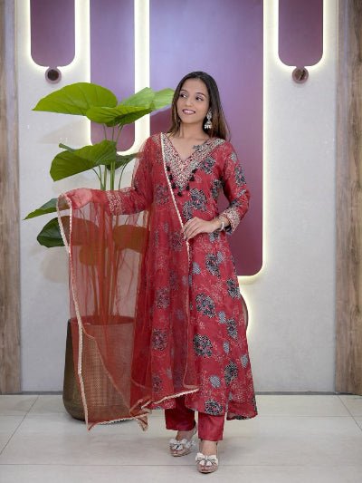 Red Modal Silk Ready to Wear Anarkali Set - BONYHUBSALWAR KAMEEZ