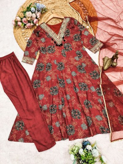 Red Modal Silk Ready to Wear Anarkali Set - BONYHUBSALWAR KAMEEZ