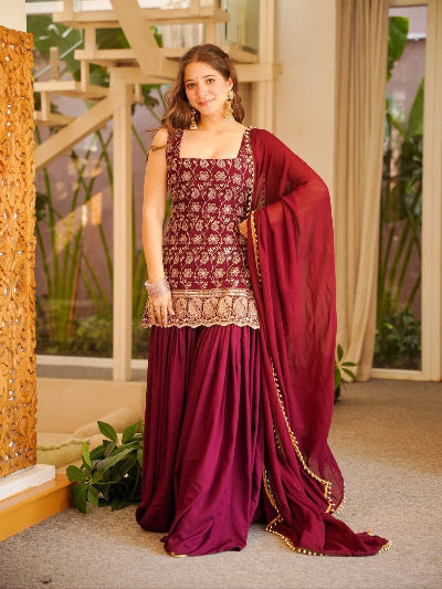 Maroon Embroidered Sleeveless Sharara Palazzo Set