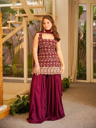 Maroon Embroidered Sleeveless Sharara Palazzo Set