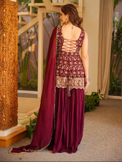 Maroon Embroidered Sleeveless Sharara Palazzo Set