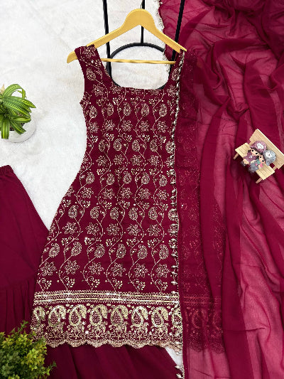 Maroon Embroidered Sleeveless Sharara Palazzo Set