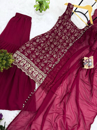 Maroon Embroidered Sleeveless Sharara Palazzo Set