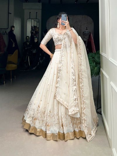 Royal Ivory Gold Embroidery Zari Lehenga Choli Set - BONYHUBSALWAR KAMEEZ