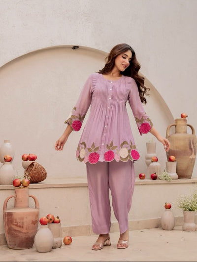 Chanderi Silk Embroidered Kurta Pant Set- 2 Colours