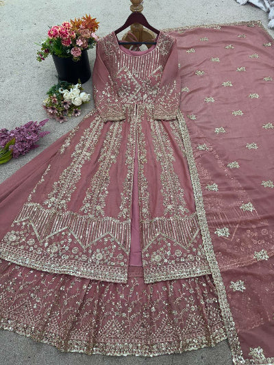 Onion Pink Crunchy Silk Embroidered Anarkali Suit