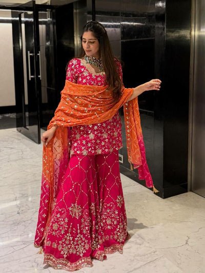 Orange Pink Festive Embroidery Sequins Sharara Suit Set - BONYHUBSALWAR KAMEEZ
