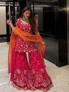 Orange Pink Festive Embroidery Sequins Sharara Suit Set - BONYHUBSALWAR KAMEEZ