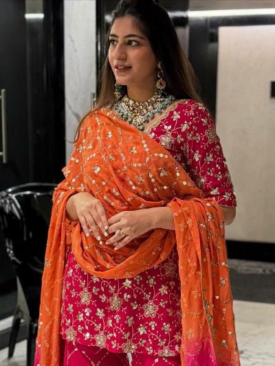 Orange Pink Festive Embroidery Sequins Sharara Suit Set - BONYHUBSALWAR KAMEEZ