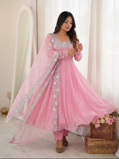 Baby Pink Georgette Anarkali Gown Set with Embroidery &amp; Sequins