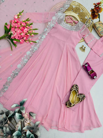 Baby Pink Georgette Anarkali Gown Set with Embroidery &amp; Sequins