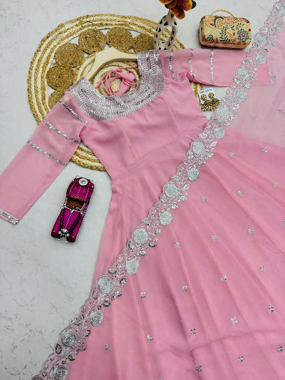 Baby Pink Georgette Anarkali Gown Set with Embroidery &amp; Sequins
