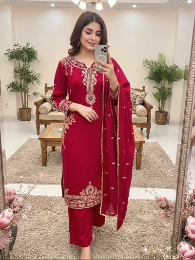 Red Roman Silk Embroidery Work Straight Suit