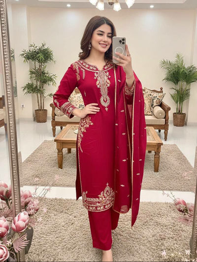 Red Roman Silk Embroidery Work Straight Suit
