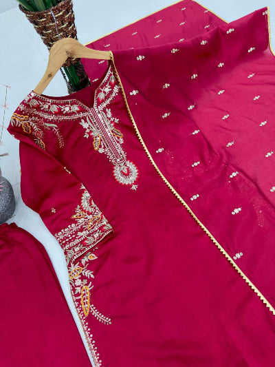 Red Roman Silk Embroidery Work Straight Suit