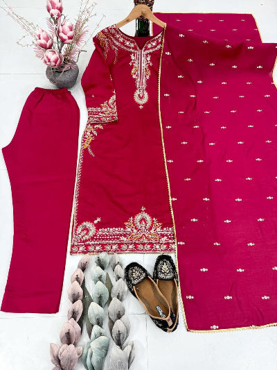Red Roman Silk Embroidery Work Straight Suit