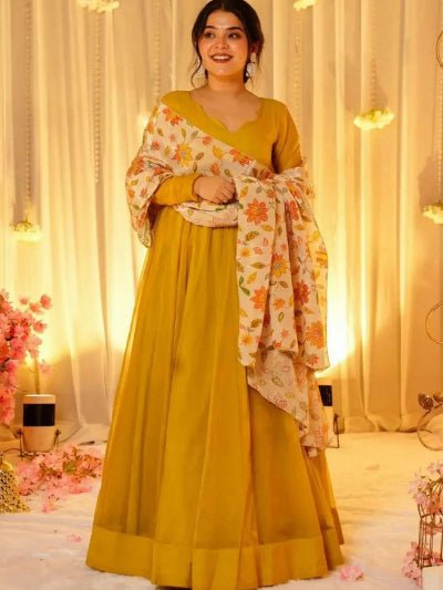 Mustard Yellow Georgette Gown With Floral Dupatta Set Of 2 - BONYHUBSALWAR KAMEEZ