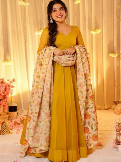 Mustard Yellow Georgette Gown With Floral Dupatta Set Of 2 - BONYHUBSALWAR KAMEEZ