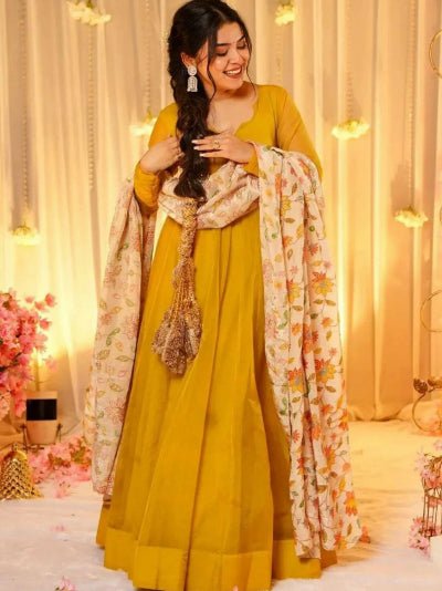Mustard Yellow Georgette Gown With Floral Dupatta Set Of 2 - BONYHUBSALWAR KAMEEZ