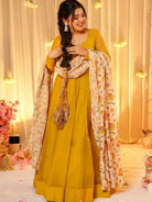 Mustard Yellow Georgette Gown With Floral Dupatta Set Of 2 - BONYHUBSALWAR KAMEEZ