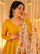 Mustard Yellow Georgette Gown With Floral Dupatta Set Of 2 - BONYHUBSALWAR KAMEEZ