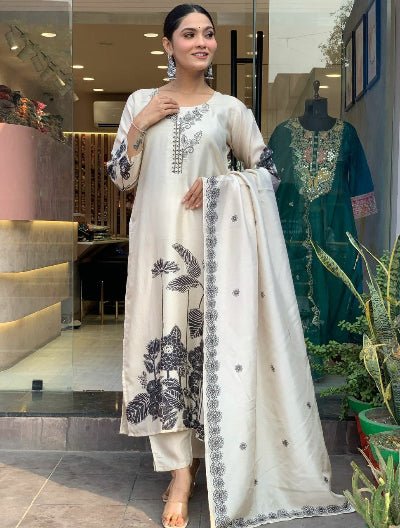 Ivory Cream Chinon Silk Straight Suit Set - BONYHUBSALWAR KAMEEZ