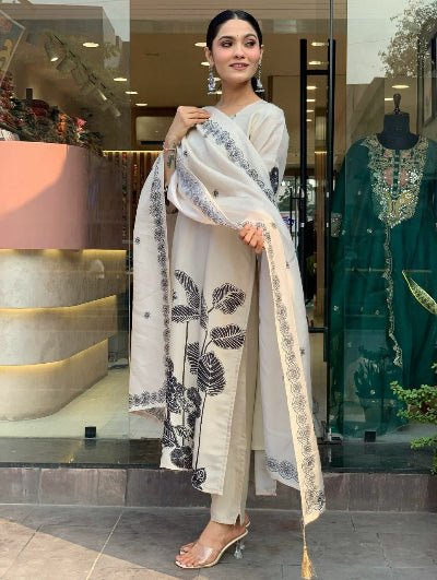 Ivory Cream Chinon Silk Straight Suit Set - BONYHUBSALWAR KAMEEZ