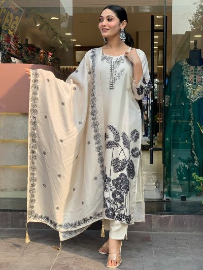 Ivory Cream Chinon Silk Straight Suit Set - BONYHUBSALWAR KAMEEZ
