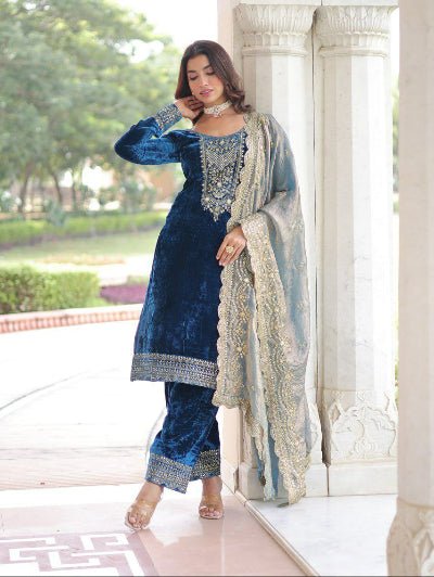 Peacock Blue Velvet Zari Embroidery Straight Suit - BONYHUBSALWAR KAMEEZ