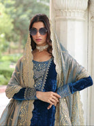 Peacock Blue Velvet Zari Embroidery Straight Suit - BONYHUBSALWAR KAMEEZ