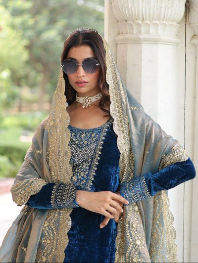 Peacock Blue Velvet Zari Embroidery Straight Suit - BONYHUBSALWAR KAMEEZ