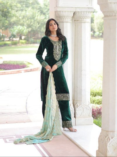 Emerald Green Velvet Zari Embroidery Straight Suit - BONYHUBSALWAR KAMEEZ