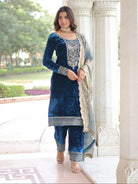 Peacock Blue Velvet Zari Embroidery Straight Suit - BONYHUBSALWAR KAMEEZ