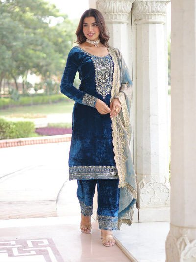 Peacock Blue Velvet Zari Embroidery Straight Suit - BONYHUBSALWAR KAMEEZ