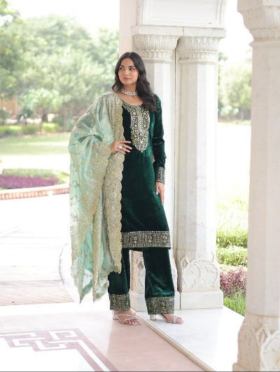 Emerald Green Velvet Zari Embroidery Straight Suit - BONYHUBSALWAR KAMEEZ