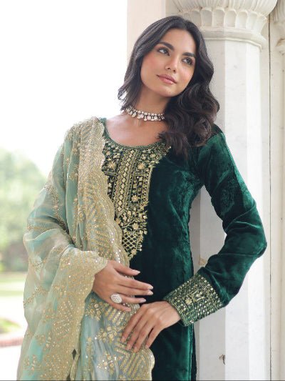 Emerald Green Velvet Zari Embroidery Straight Suit - BONYHUBSALWAR KAMEEZ