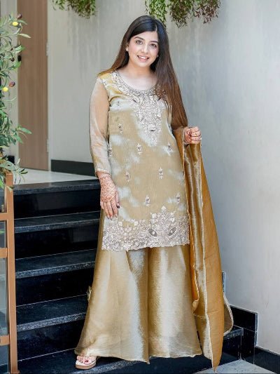 Golden Beige Silk Embroidery Work Full Sleeves Sharara Set - BONYHUBSALWAR KAMEEZ