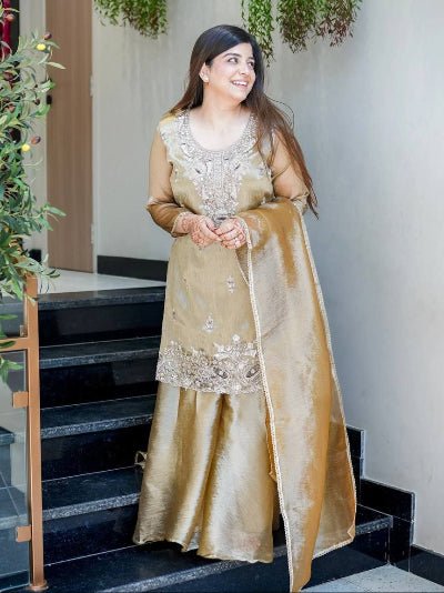 Golden Beige Silk Embroidery Work Full Sleeves Sharara Set - BONYHUBSALWAR KAMEEZ