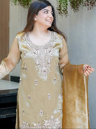 Golden Beige Silk Embroidery Work Full Sleeves Sharara Set - BONYHUBSALWAR KAMEEZ