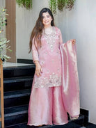 Rose Pink Silk Embroidery Work Full Sleeves Sharara Set - BONYHUBSALWAR KAMEEZ