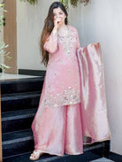Rose Pink Silk Embroidery Work Full Sleeves Sharara Set - BONYHUBSALWAR KAMEEZ