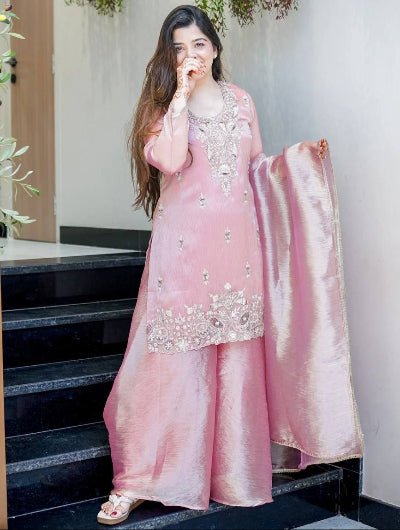 Rose Pink Silk Embroidery Work Full Sleeves Sharara Set - BONYHUBSALWAR KAMEEZ