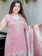 Rose Pink Silk Embroidery Work Full Sleeves Sharara Set - BONYHUBSALWAR KAMEEZ