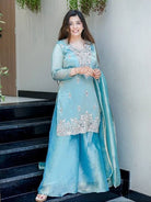 Light Blue Silk Embroidery Work Full Sleeves Sharara Set - BONYHUBSALWAR KAMEEZ