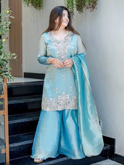 Light Blue Silk Embroidery Work Full Sleeves Sharara Set - BONYHUBSALWAR KAMEEZ